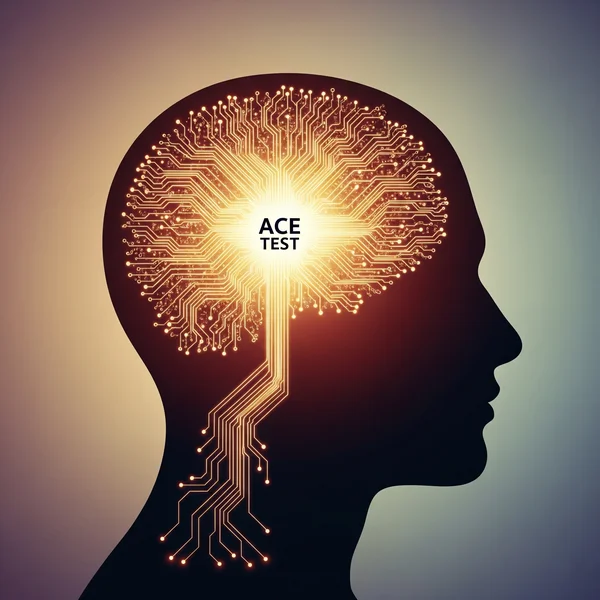 Abstract human head, glowing paths, ACE Test insight.