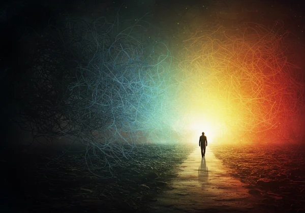 Person stepping onto clear path from blurry past, symbolizing clarity.