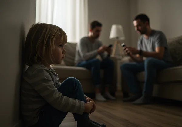 見過ごされていると感じる子供、夢中になっている親