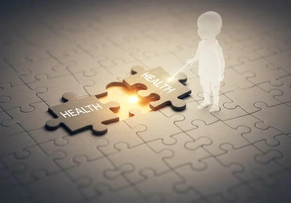 Abstract health puzzle with a missing piece and childhood link.