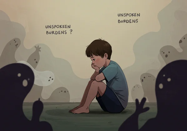 Child feeling confused amidst abstract unspoken childhood burdens
