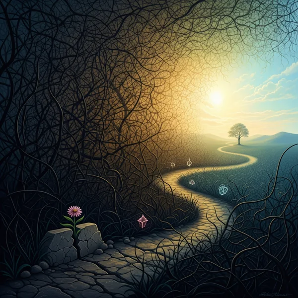 Abstract path from adversity to healing, ACEs resilience.