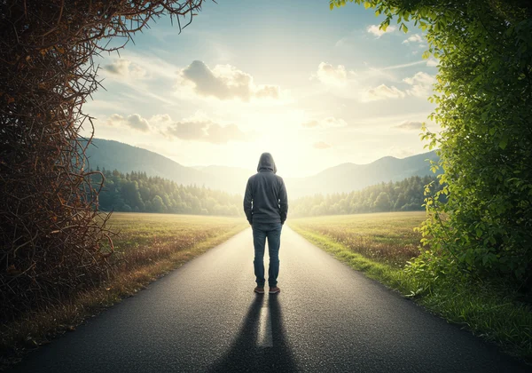 Person choosing a bright path forward, symbolizing resilience